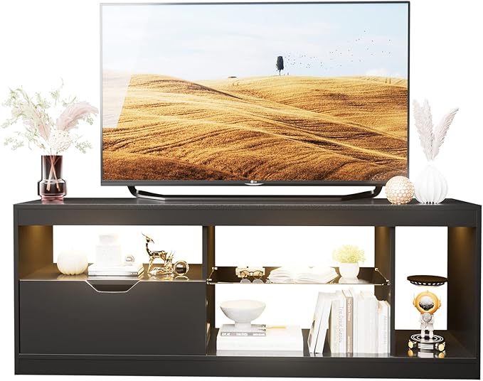 YESHOMY Modern LED TV Stand for Televisions up to 65+ Inch with Glass Shelves and Drawer, Gaming Entertainment Center with Multiple Dynamic RGB Modes, for Livingroom, Bedroom, 55 Inch, Dark Black