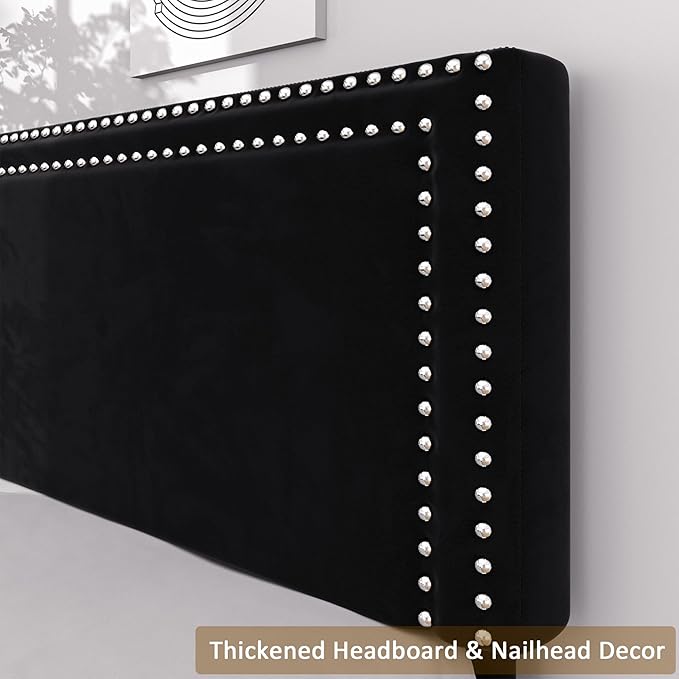 VECELO Twin Size Bed Frame with Storage Drawer, Adjustable Velvet Rivet Decor Headboard, Wooden Slats Support Platform, No Box Spring Needed, Easy Assembly