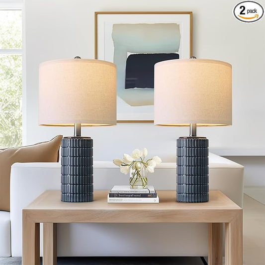 PoKat 20.75" Small Blue Table Lamps, Farmhouse Bedside Lamps for Bedroom Set of 2, Ceramic End Table Lamps for Night Stands Living Room, Modern Nightstand Desk Lamps, Dark Blue