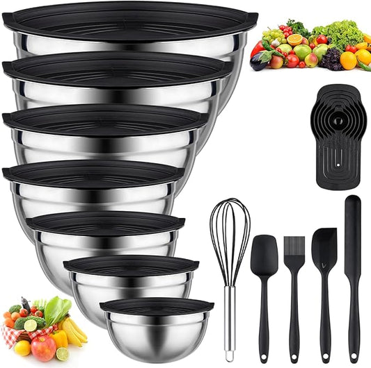 Mixing Bowls with Lids set - 25 PCS Stainless Steel Nesting Black Mixing Bowls Set for Baking, Mixing, Serving & Prepping, Size 5, 3.7, 2.8, 2.3, 1.7, 1.1, 0.7QT, 11 Cooking Utensils