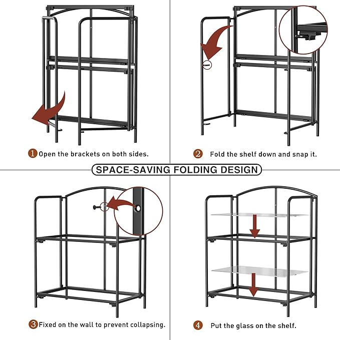 Crofy No Assembly Folding Bookshelf for Living Room, 2 Tier Black Collapsible Book Shelf for Home Office, Portable Bookcase Storage Organizer