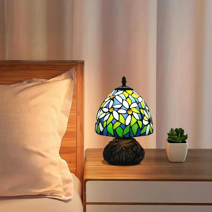 Small Tiffany Stained Glass Lamp, 3 Color Temperatures Bedside Lamp, 8 Inch Mushroom Desk Light for Bedroom Living Room Office Home Decor (White Flower Pattern)