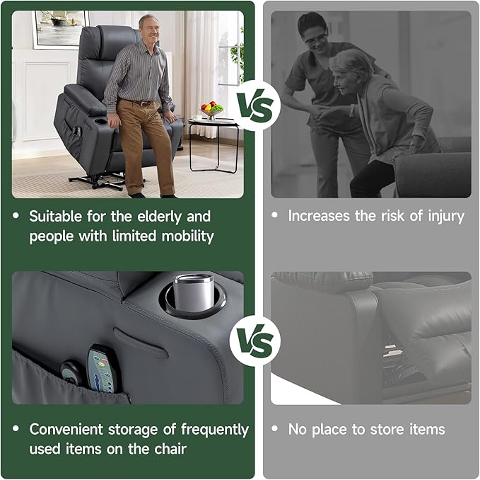 Power Lift Recliner Chair for Elderly with Heat & Massage, 160° Electric Adjustable PU Leather Recliner with Remote Control, Stand Assist, Cup Holders & Side Pockets for Living Room (Gray)