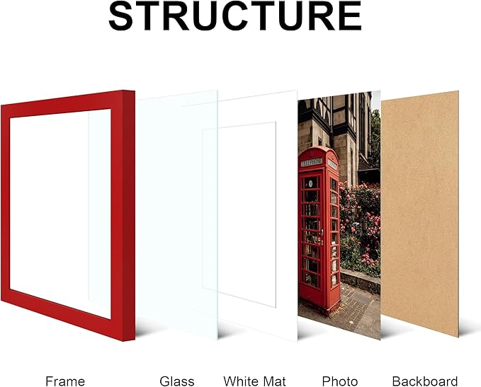 8x10 Picture Frame Set of 4, High Definition Real Glass, Display Pictures 5x7 with Mat or 8x10 Without Mat, Gallery Wall Hanging or Tabletop Photo Frames, Red