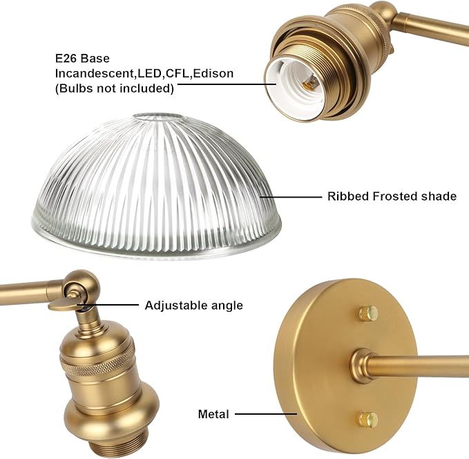 Yosoan Antique Brass Indoor Wall Sconce, 1-Light Modern Vanity Light Vintage Industrial Single Lamp Hardwired Clear Striped Bowl Glass Shade for Living Room Kitchen Bedroom Home Decor(Antique)