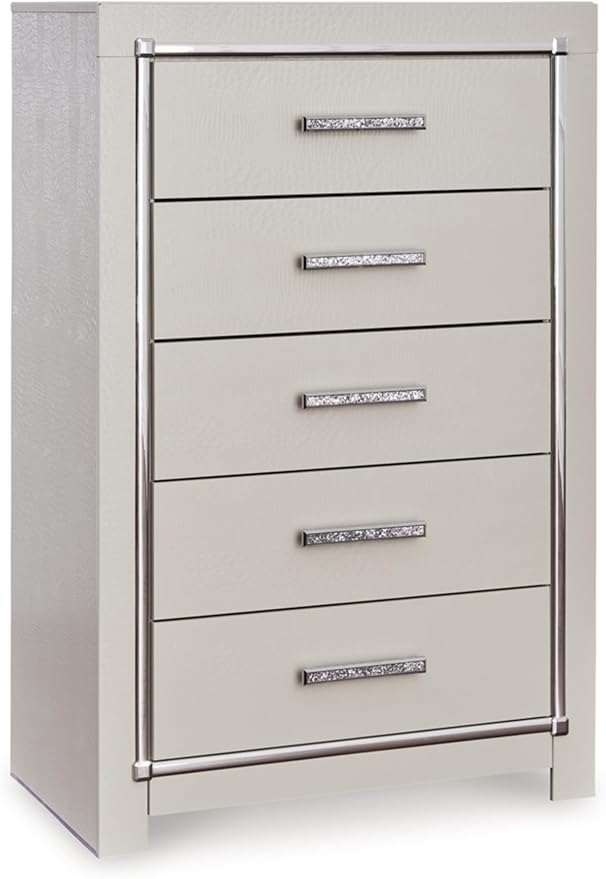 Signature Design by Ashley Zyniden Glam 5 Drawer Wide Chest with Safety Stop for Bedroom, Chrome