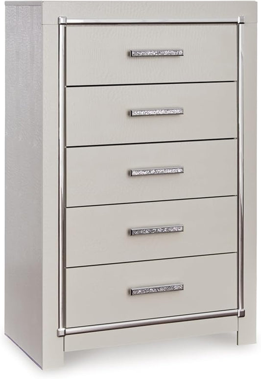 Signature Design by Ashley Zyniden Glam 5 Drawer Wide Chest with Safety Stop for Bedroom, Chrome