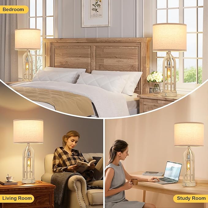 Seealle Table Lamp for Living Room Set of 2 - White Bedside Lamp for Bedroom with USB C+A & Outlet, Farmhouse Lamps for Night Stands, 3-Way Dimmable Touch Lamps for Living Room