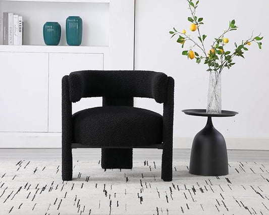 Black Boucle Barrel Accent Chair, Comfy Upholstered Living Room Chair Mid-Century Modern Reading Chair with Open Back Round Corner Side Sitting Lounge Armchair for Bedroom/Office
