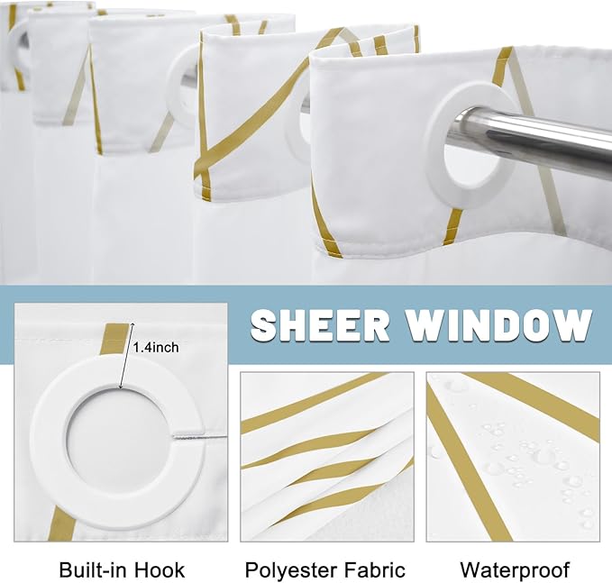 No Hook Gold White Striped Shower Curtain with Snap in Liner Set - Hotel Shower Curtain and Liner Set with See Through Mesh Top Window,Machine Washable, 71x74 INCH