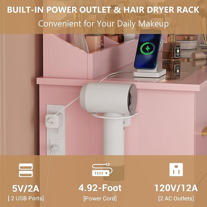 Vanity Desk with 38" Large Mirror and 9 LED Lights & Glass Top and Power Outlet, Adults Makeup Vanity with Chair and 7 Storage Drawers, Dressing Table Set for Bedroom, Modern Pink