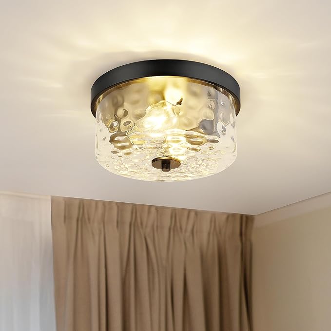 Emak 11 Inch Flush Mount Ceiling Light Fixture, Modern Black Light Fixtures Ceiling Mount with Hammered Glass Shade, 2-Light Drum Ceiling Lights for Bedroom, Bathroom, Hallway, Kitchen, FM082-BK-HG