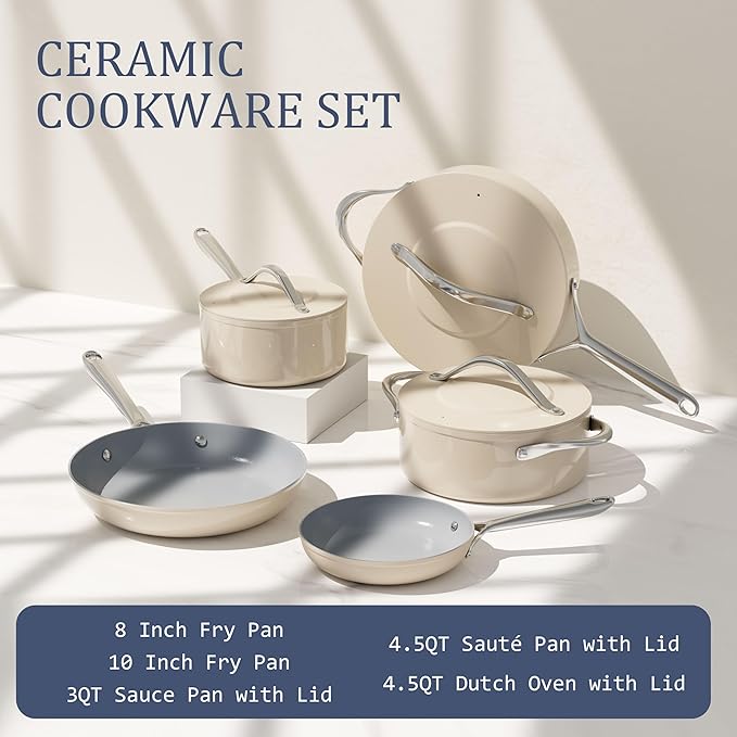 Cookware Set Nonstick Ceramic Pots & Pans Set 8-Piece PFAS-Free Non-Toxic Even Heat Distribution, Fry Pans, Sauté Pan, Saucepan, Stockpot w/Lid for All Stovetops Oven Safe to 500°F, Cream