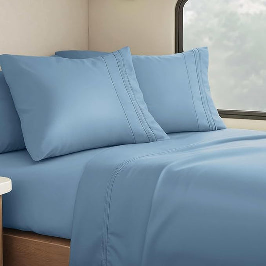 Clara Clark Bed Sheets, Premier 1800 Series 4 Piece RV Queen Sheet Set, Luxury Soft Sheets for RV Bunks, Short Queen - Blue Heaven