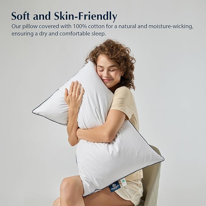Pacific Coast Bed Pillow, Luxury Hotel Goose Feather and Down Firm Pillow for Sleeping with 100% Cotton Shell, Soft and Supportive