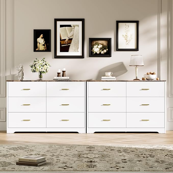 LIDYUK Dresser for Bedroom, Wood Dresser with 6 Drawers, Modern Minimalist Style Dressers & Chests of Drawers, 48 Inches Wide Chest of Drawers for Bedroom, Hallway, Living Room, White