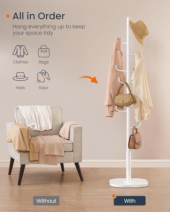 SONGMICS HOME Cactus-Shaped Coat Rack, Freestanding, Stand with 8 Sturdy Hooks, with Curved Ends, 69 Inches Tall, for Clothes, Hats, Bags, Cloud White URCR039W01