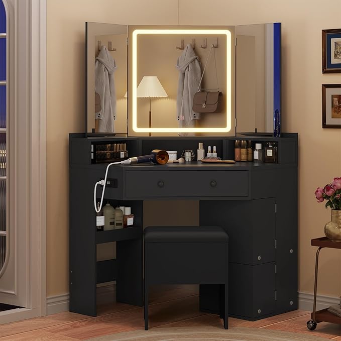 Corner Vanity Desk with Mirror and Lights, Power Outlet & Rotating Shelves, Makeup Vanities with Storage Bench, Drawers, 3 Light Settings, Dimmable for Women Girls, Bedroom, Black