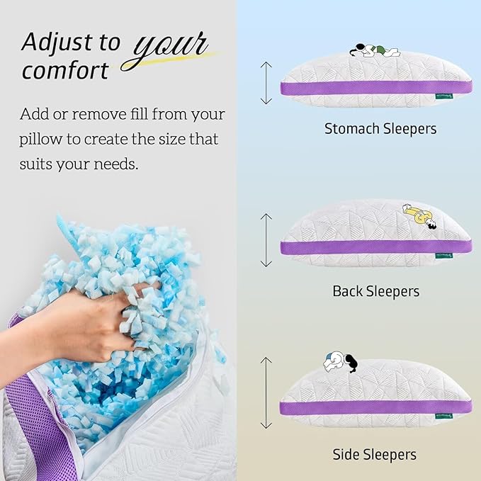 BETU Cooling Pillow King Size, Shredded Memory Foam Pillows for Hot Sleepers, Adjustable Firm Bed Pillows, Hotel Collection Side Sleeper Pillow for Back Pain, Neck, Purple, 20”x36”