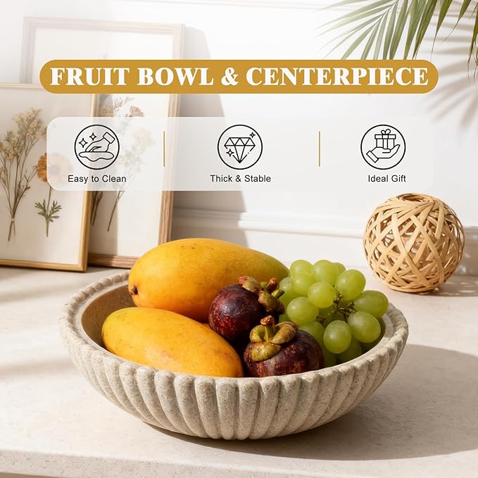 Large Decorative Bowl for Home Decor 12 Inch Resin Fruit Bowl Sandstone Ruffle Key Bowl for Coffee Table Shallow Centerpiece Bowl Catch All Bowl for Kitchen Counter, Entryway, Living Room