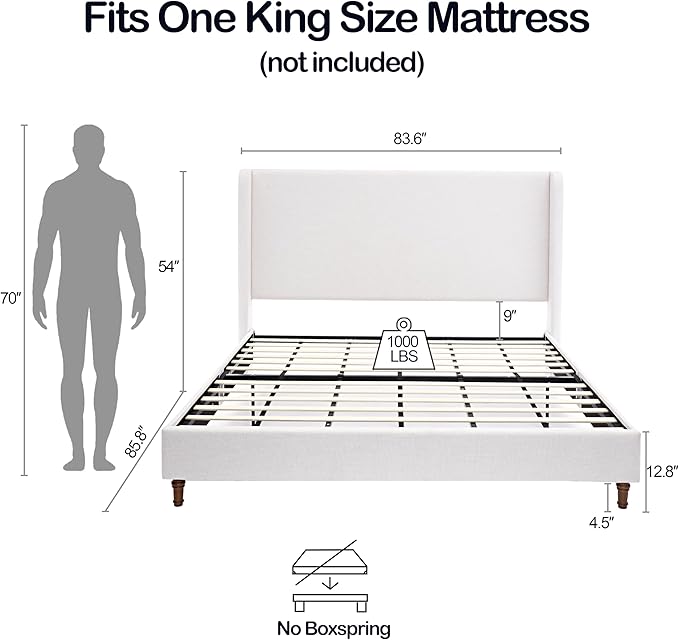 54" Tall Headboard Bed Frame with Chenille Upholstery, High Wingback Platform Bed, Sturdy Metal Foundation and Solid Wood Feet (Textured Ivory, King (U.S. Standard))
