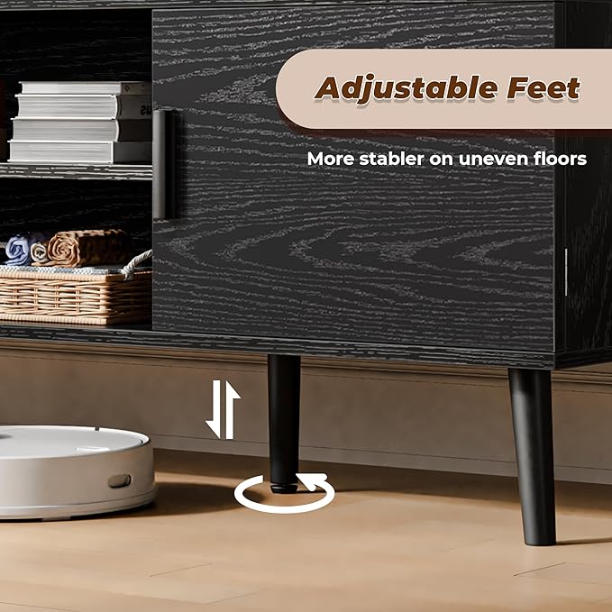 SUPERJARE TV Stand for 55 Inch TV, Entertainment Center with Adjustable Shelf, 2 Cabinets, TV Console Table, Media Console, Solid Wood Feet, Cord Holes, for Living Room, Bedroom, Black