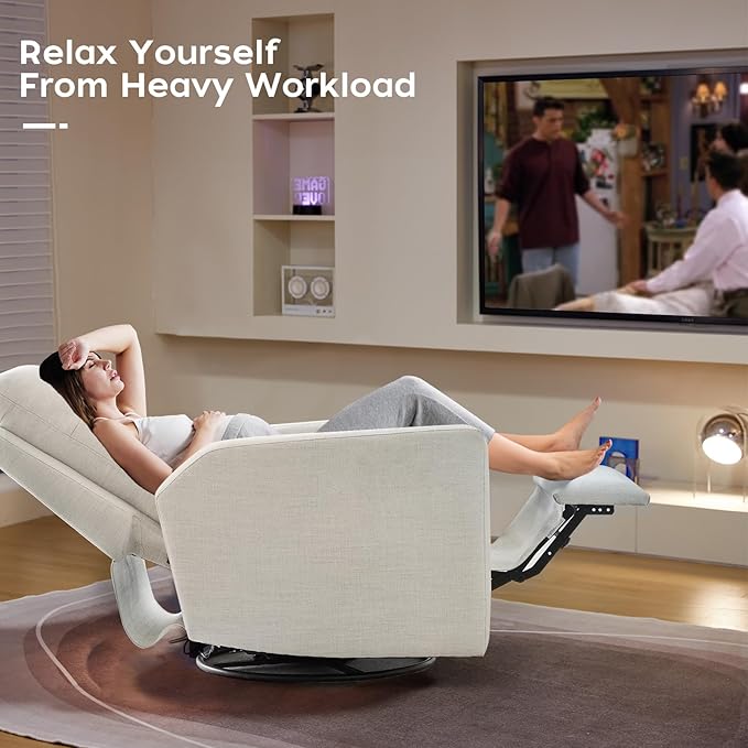 Power Nursery Rocking Chairs, 270° Oversized Swivel Rocker Recliner w/USB & Type-C Charging Port, Rotating Rocking Reclining Nursing Chair for Breastfeeding, Living Room,Bedroom,Beige