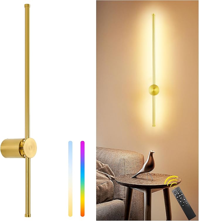23.6 Inch Battery Operated Wall Sconce, 12000mAh Rechargeable Wall Sconce with Remote Control, Dimmable LED Wireless Wall Light for Bedroom, Living Room, 15 Colors, 180° Rotate, Gold, 1 Pack