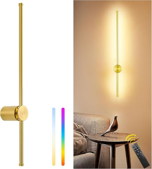 23.6 Inch Battery Operated Wall Sconce, 12000mAh Rechargeable Wall Sconce with Remote Control, Dimmable LED Wireless Wall Light for Bedroom, Living Room, 15 Colors, 180° Rotate, Gold, 1 Pack