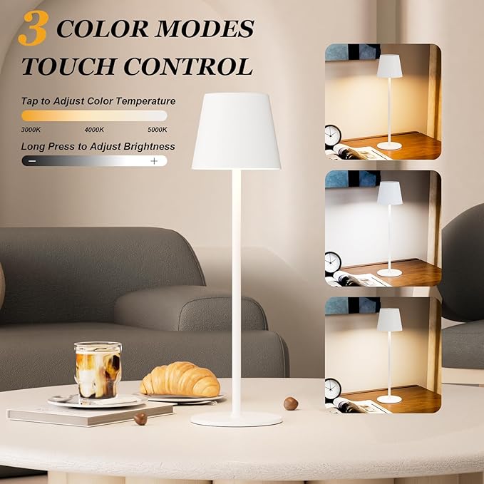 Kakanuo Cordless Table Lamp Rechargeable White - KK 2 Pack 5000mAH Battery Operated Lamp for Table, 3 Color Stepless Dimming Wireless Lamp for Kitchen Counter, Outdoor Patio, Touch Control
