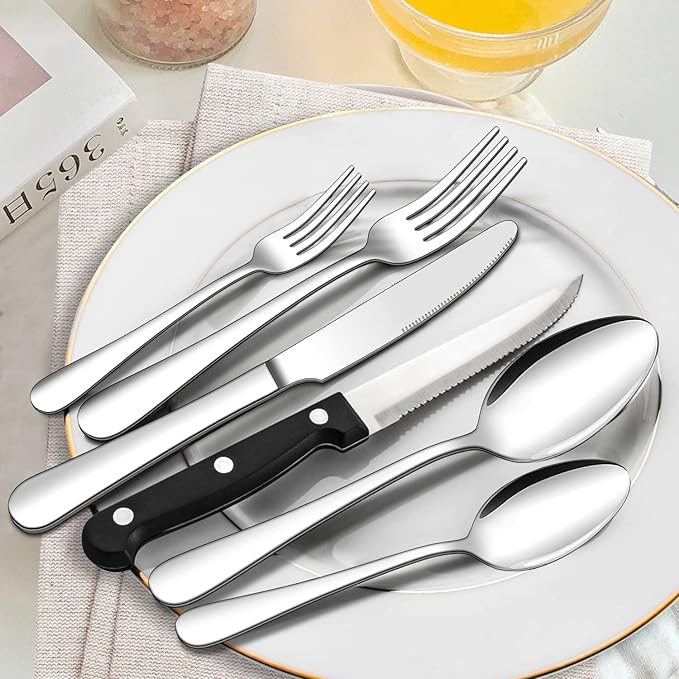 ENLOY 24 Pieces Silverware Set with Steak Knives, Stainless Steel Flatware Cutlery, Include Knife Fork Spoon, Mirror Polished, Dishwasher Safe, Service for 4
