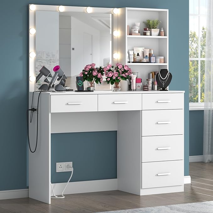 39 Inches White Vanity Desk with Lights, 6-Drawers Makeup Vanity Table with Power Strip and Storage Shelves, Dressing Table with Lighted Mirror for Women Girls