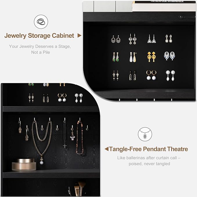 Farmhouse Makeup Vanity Desk with Sliding Mirror and Lights, Glass Desktop Makeup Vanity Desk with Charging Station, 3-Tier Hidden Slide-Out Vanity Shelves, Jewelry Storage Cabinet, 2 Drawers-Black