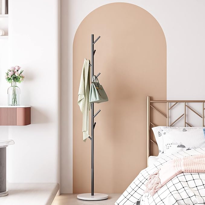 Black Metal Coat Rack, Freestanding with Hooks, Entryway Coat Rack Stand, Coat Racks with Marble Base, Coat Tree for Hanging Clothes, Hats, Bags