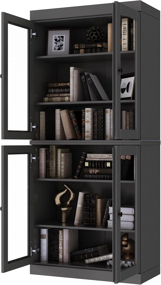 Palace Imports Solid Wood Bookcase - 6-Tier Tall Bookshelf, 71.5” H x 32” W - Gray, Clear Glass Cabinet Doors & Adjustable Shelves for Living Room, 100% Renewable Eco-Friendly Wood, Made in Brazil