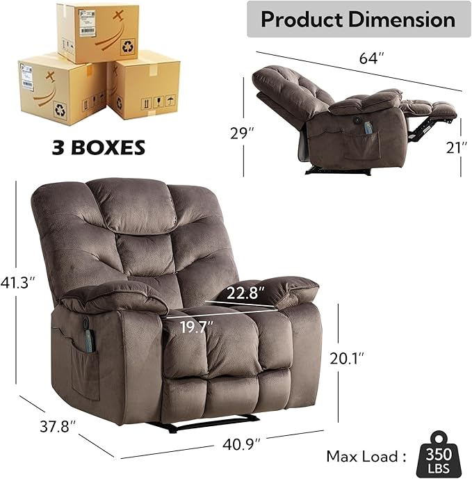Oversized Power Recliner Chair with Massage and Heat, 41" Wide Electric Reclining Chairs with USB Port, Breathable Fabric Overstuffed Reclining Sofa for Living Room Bedroom (No Lift)