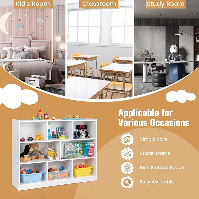 Costzon 3-Shelf Bookcase for Kids, Wooden Toy Storage Organizer for Books Toys, 8-Section Freestanding Classroom Daycare Montessori Bookshelf for Preschool, Home Playroom & Kindergarten (White)