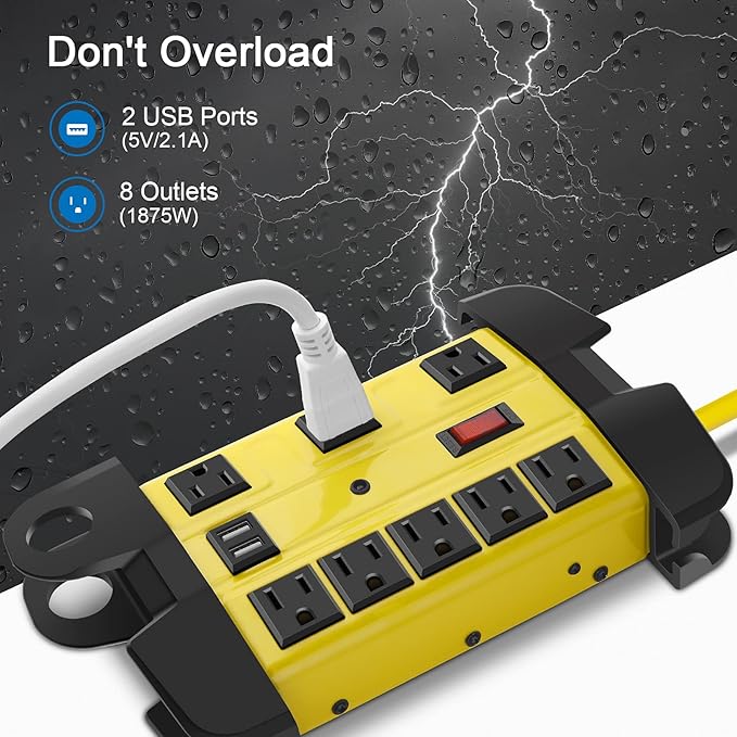 Heavy Duty Power Strip with USB, Workshop 8 Outlet Surge Protector 2700 Joules, Industrial Metal 15Amp Power Strip, 15 FT Extension Cord and Wide Spaced. Yellow