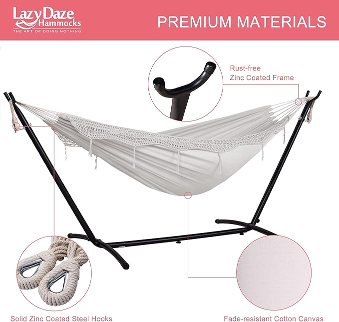 Lazy Daze Hammocks 9FT Double Hammock with Sturdy Steel Stand and Durable Fabric, Camping Lace Hammocks Include Portable Carrying Case, 450 LBS Capacity