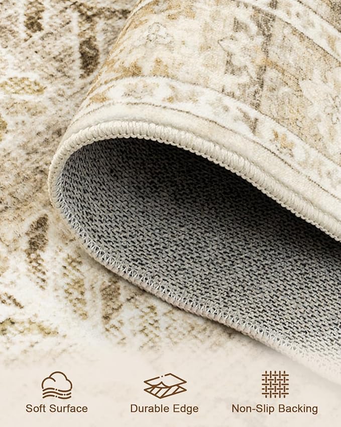 HOMFINE Machine Washable Rug 9'x12' - Vintage Design Area Rugs with Non Slip Rugs for Living Room Bedroom Floral Print Rug Carpet Stain Resistant, Home Decor Office Area Rug, Beige Brown