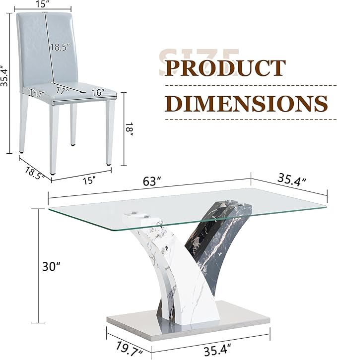 Glass Dining Table Set for 4, 63” Kitchen Table Set for 4, Modern Dining Room Table Set with Upholstered Chairs, Tempered Glass Tabletop with Y Shape Base