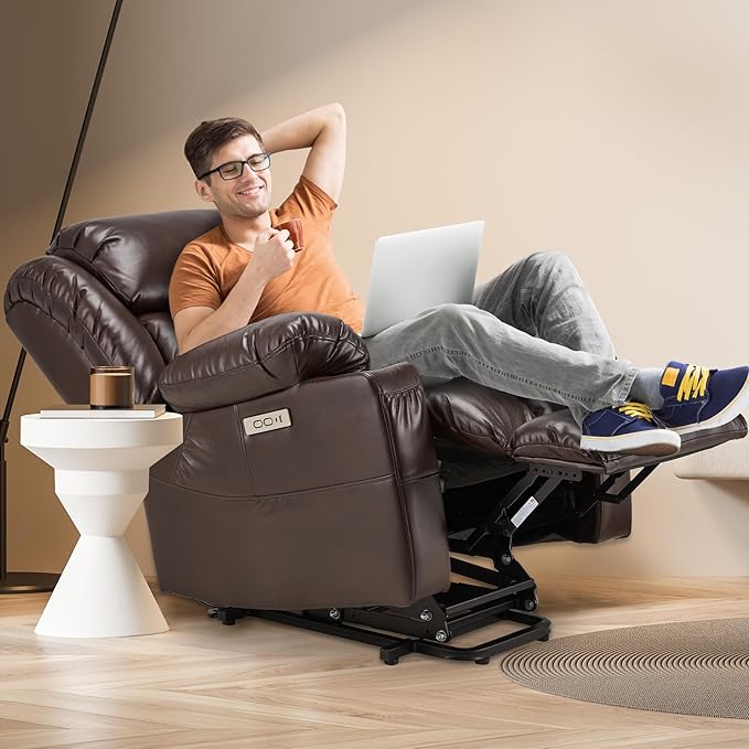 Power Lift Recliner Leather Chair Sofa with Massage & Heat, Lazy Boy Chair with Cup Holders, USB & Type-C Ports, Remote Control (Brown)