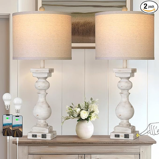 28" Tall Farmhouse Table Lamps Set of 2 with USB C+A Ports and AC Outlet, 3 Way Touch Tall Rustic Bedside Lamps for Living Room, Off White Vintage Lamps for Bedroom Nightstand