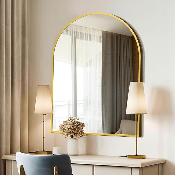 FICTOR Bathroom Vanity Mirror for Wall,40”x30” Large Arched Metal Framed Bathroom Mirror for Over Sink, Entryway, Living Room,Bedroom(Gold)