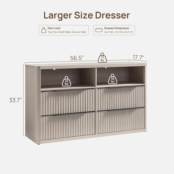 SICOTAS Dresser for Bedroom - Dressers & Chests of Drawers with 4 Drawers Large Modern Dresser for Closet with Open Shelf Fluted Wide TV Stand Clothes Closet Storage for Bedroom Hallway Entryway