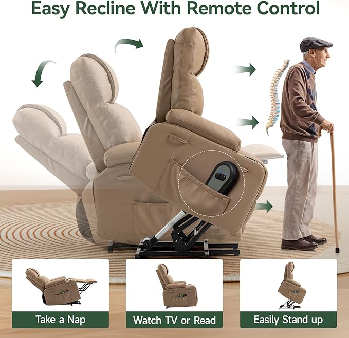 Power Lift Recliner Chair for Elderly with Heat & Massage, 160° Electric Adjustable PU Leather Recliner with Remote Control, Stand Assist, Cup Holders & Side Pockets for Living Room (Brown)