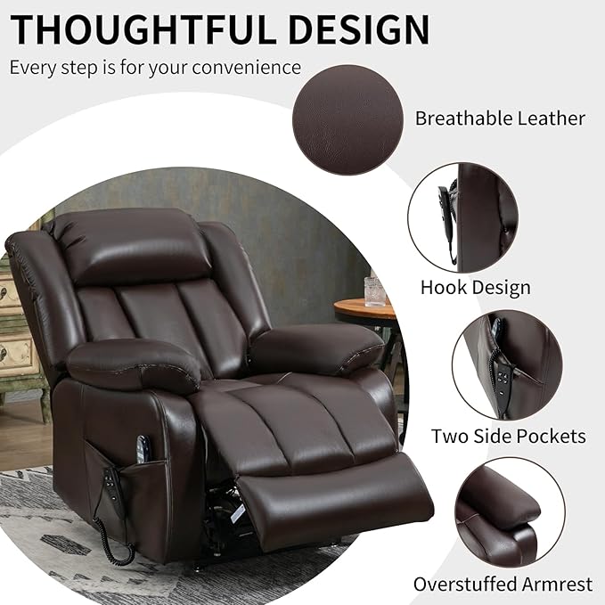 Dual Motor Large Recliner with Massage and Heat, Power Lift Chairs for Elderly, Breathable Leather Recliner Chairs for Adults with 2 Remote Controls, Red Brown Big and Tall Recliner