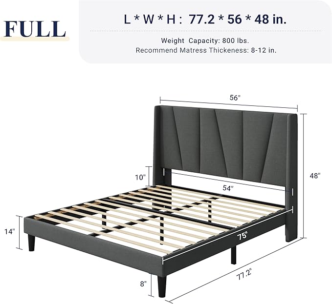 Allewie Full Size Platform Bed Frame with Geometric Wingback Headboard, Modern Upholstered Bed with Wooden Slats Support, No Box Spring Needed, Easy Assembly, Dark Grey