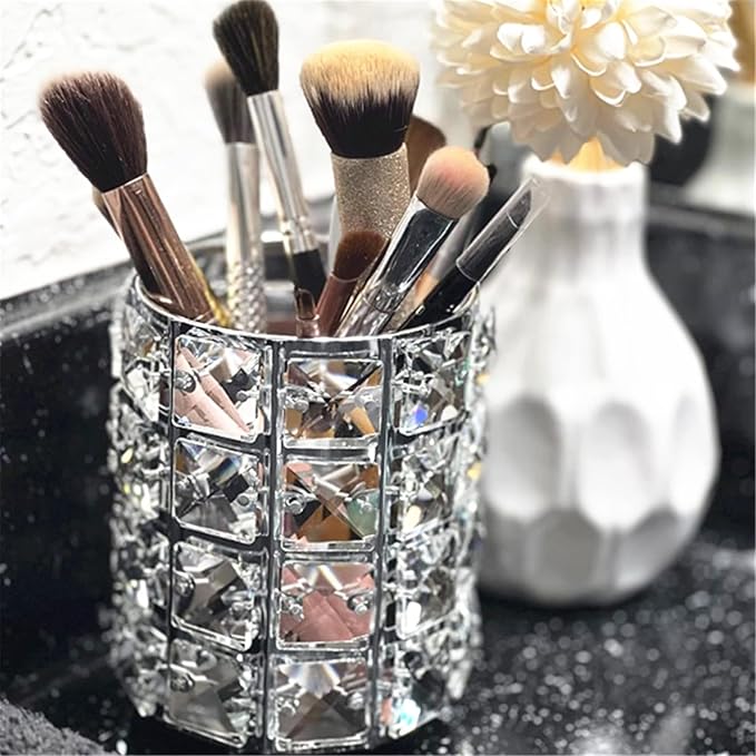 LUGUNU Makeup Brush Holder with Silver Golden Crystal Bling – Elegant Vanity Organizer for Brushes, Pens & Pencils, Ideal for Bathroom or Office Countertop(2Pack)