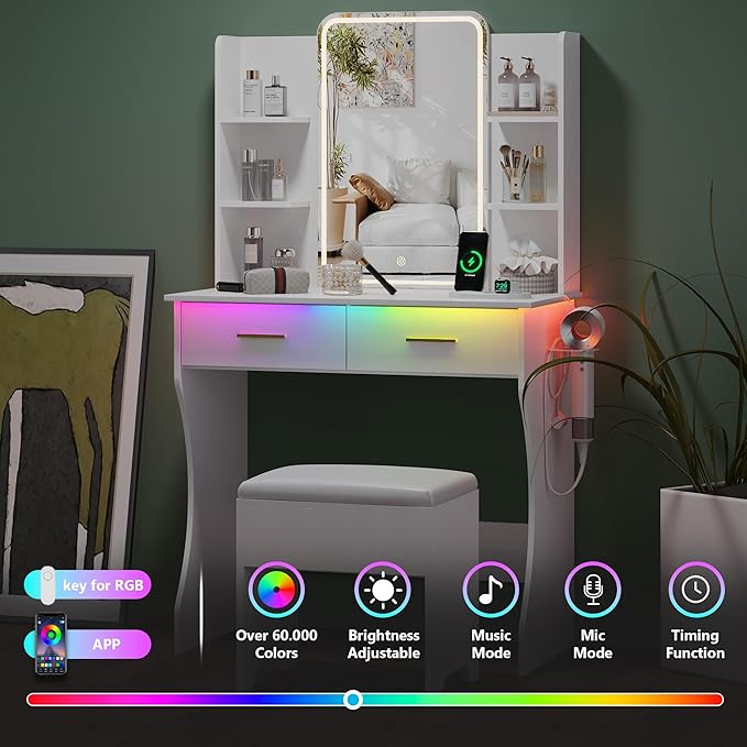 Small Vanity Desk with Mirror and Lights, Makeup Vanity with LED Lights, White Vanity Mirror with Lighted Desk and Chair, 3 Lighting Adjustable Compact Dressing Table with Mirror for Women, Girls